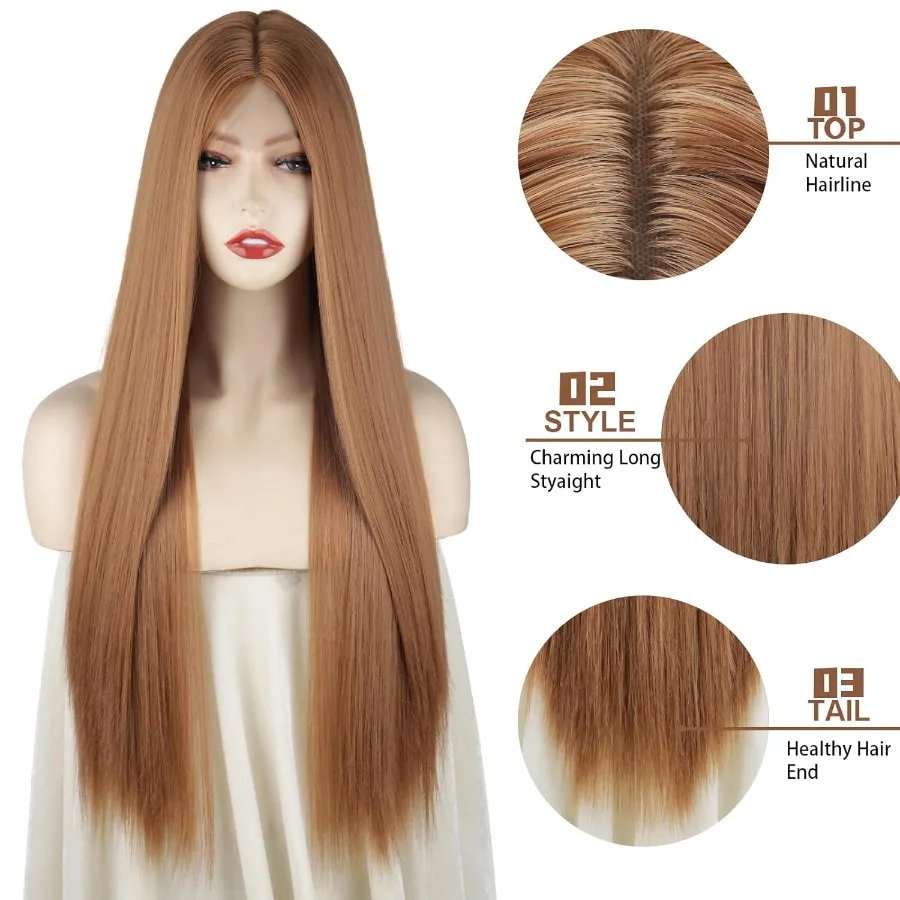 باروكات بنية طويلة للنساء في الجزء الأوسط من خط الشعر الاصطناعي شعر مستعار كامل ذو مظهر طبيعي ملابس الحفلات اليومية 30 بوصة للحفلات التنكرية للهالوين #3