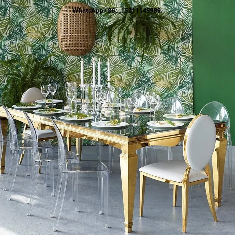 High Quality Wedding Event Table Modern Luxury Rectangle Shape Gold Stainless Steel Glass