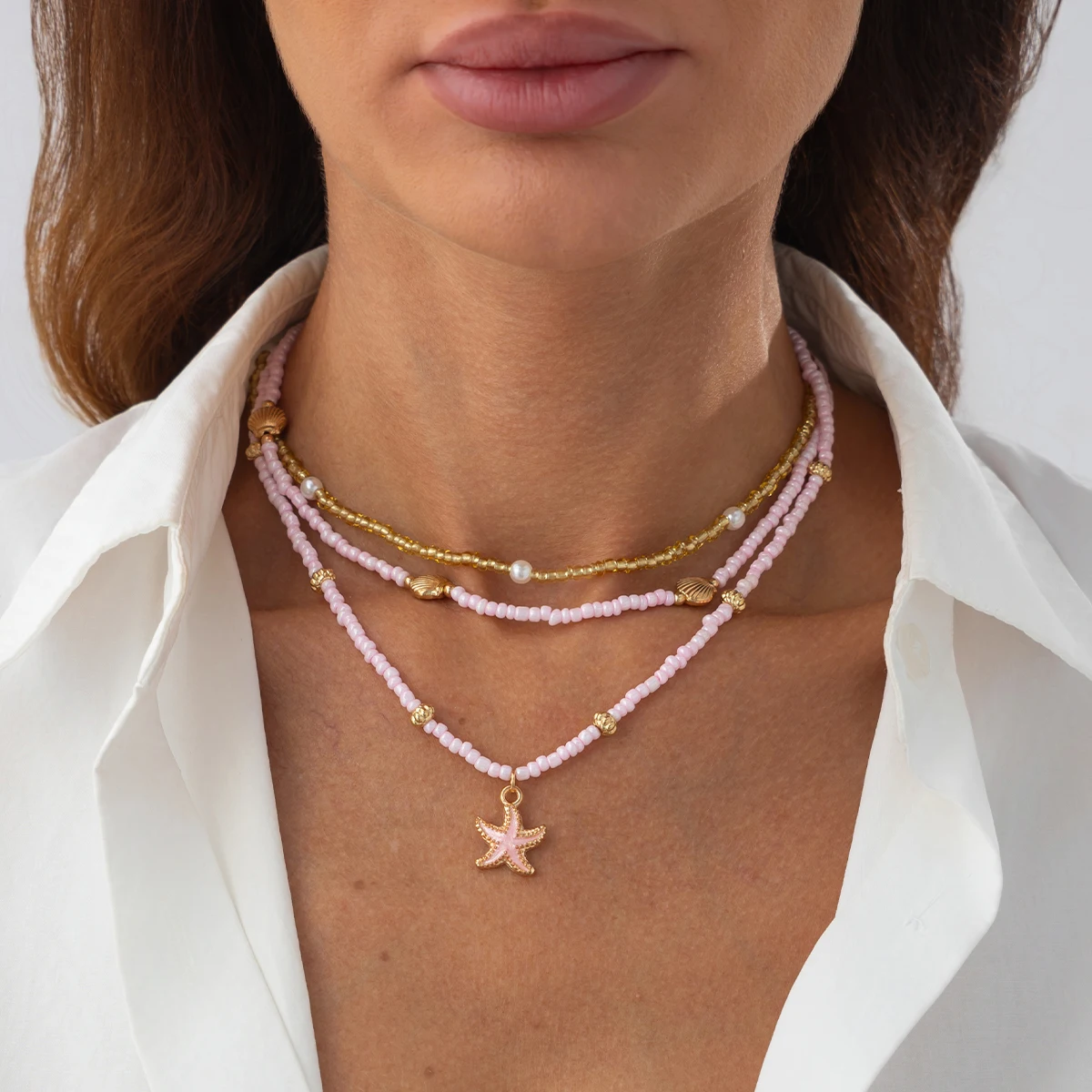 SHIXIN 3 Pcs/Set Multilayer Stacked Small Seed Beads Chain Choker Necklace for Women Bohemian Starfish Pendant Short Necklace
