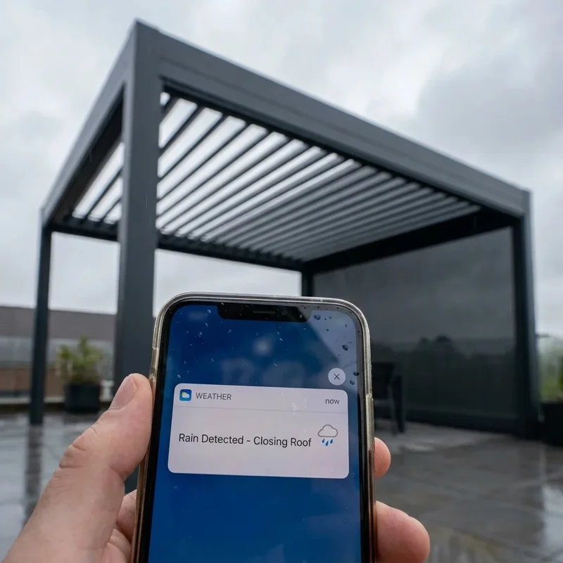Remote Control Motorized Louvered Pergola Balcony Gazebo Automatic Rain Sensing Closure% Waterproof Aluminum Frame