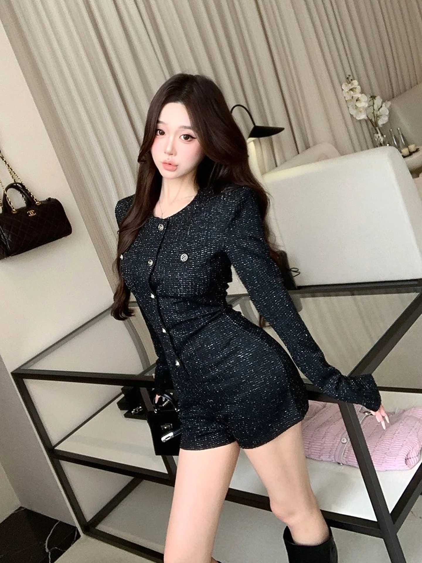 High Waist Straight Leg Jumpsuit Women's Long Sleeve Slim Fit Fashionable Short Pants Commute Style Button Detail