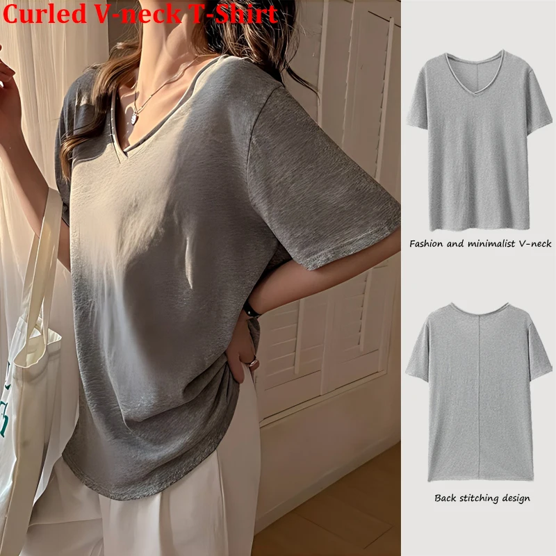 Täglich tragbare, lockere V-Ausschnitt-T-Shirts für Damen – bequeme, lässige, koreanische Kurzarm-Shirts, atmungsaktive, weiche Büro- und Streetwear-Basic-Tops