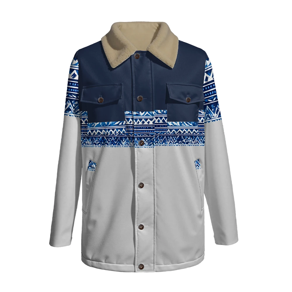 Ethnic Geometric Print Jackets with Faux Shearling Collar Unisex Coat with Button-up and Pockets for Cool Weather Streetwear