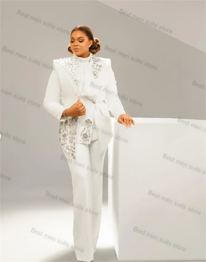 Luxury Crystals Women Suit Pants Set 2 Piece Blazer+Trousers Wedding Tuxedo Jacket Tailored Size Formal Office Prom Guest Coat