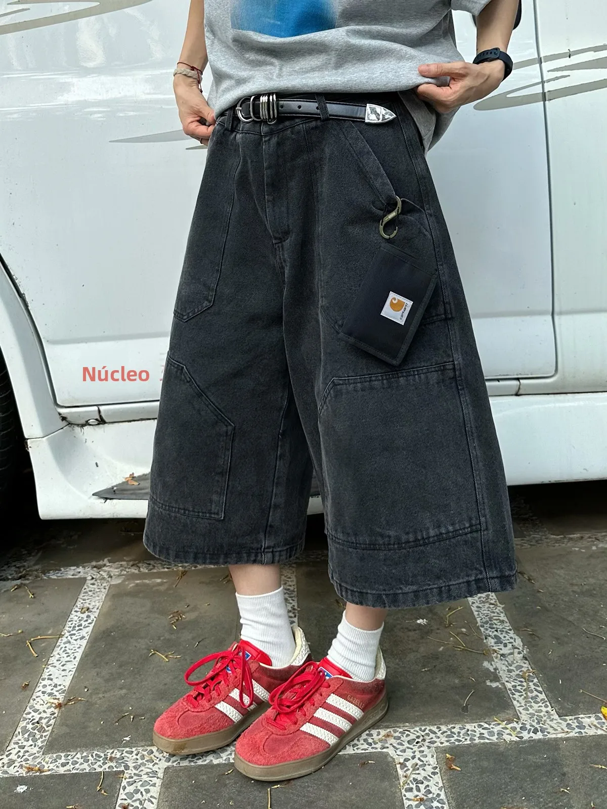 Calças Casuais Unissex de Verão Estilo Americano Retrô Lavado, Jeans Pesado de Perna Larga Solta, Calções de Trabalho com Efe...