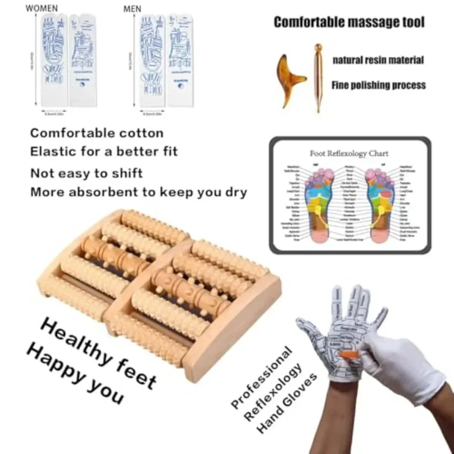 Drewniany zestaw narzędzi do masażu stóp z rękawiczkami i skarpetkami do refleksologii dla codziennej pielęgnacji stóp Poprawia krążenie krwi Łagodzi F