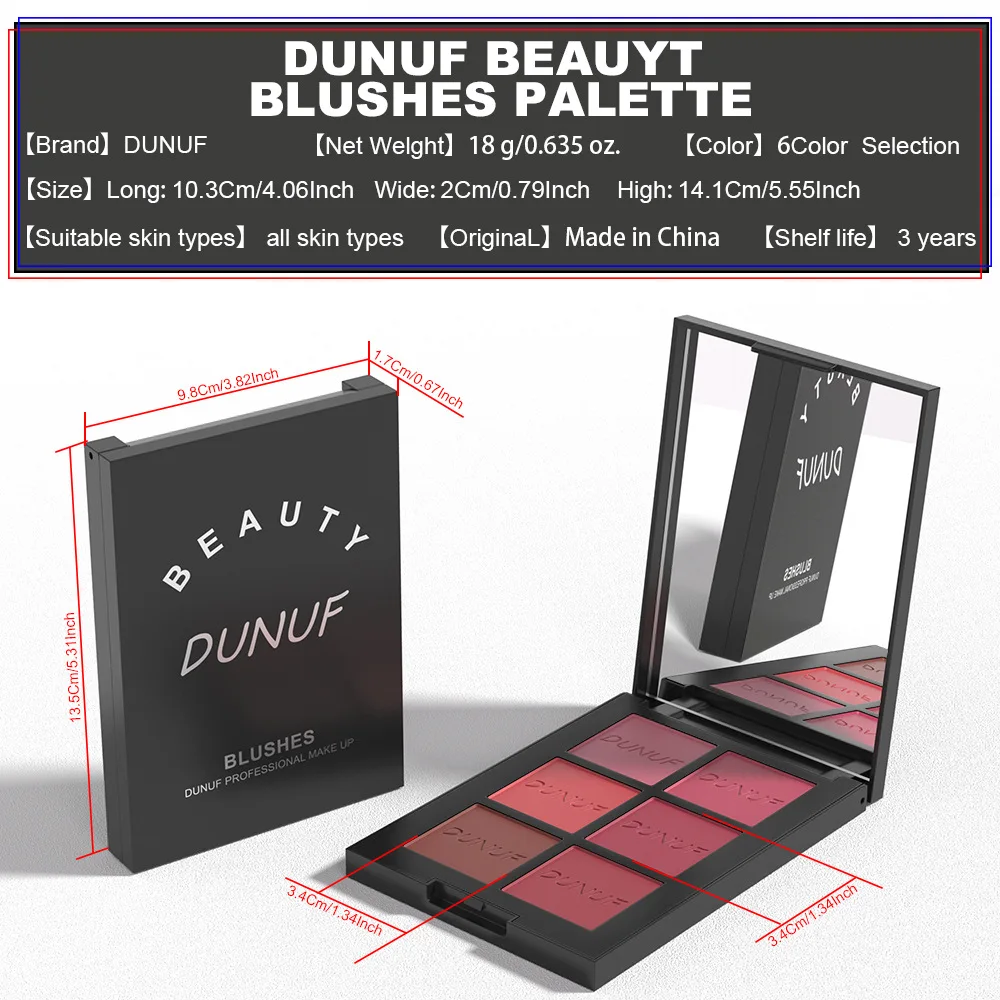 올인원 블러쉬 팔레트 6가지 색상 대형 거울 포함 벨벳 파우더 블렌딩 가능한 색소 모든 피부용 자연스러운 얼굴 윤곽 연출