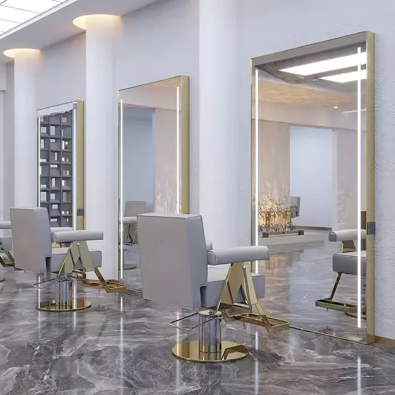 CC .Barber Shop Dressing Table Beauty Salon Floor Double-Sided LED Wall-Mounted Hair Salon Hot Dyeing Large Mirror