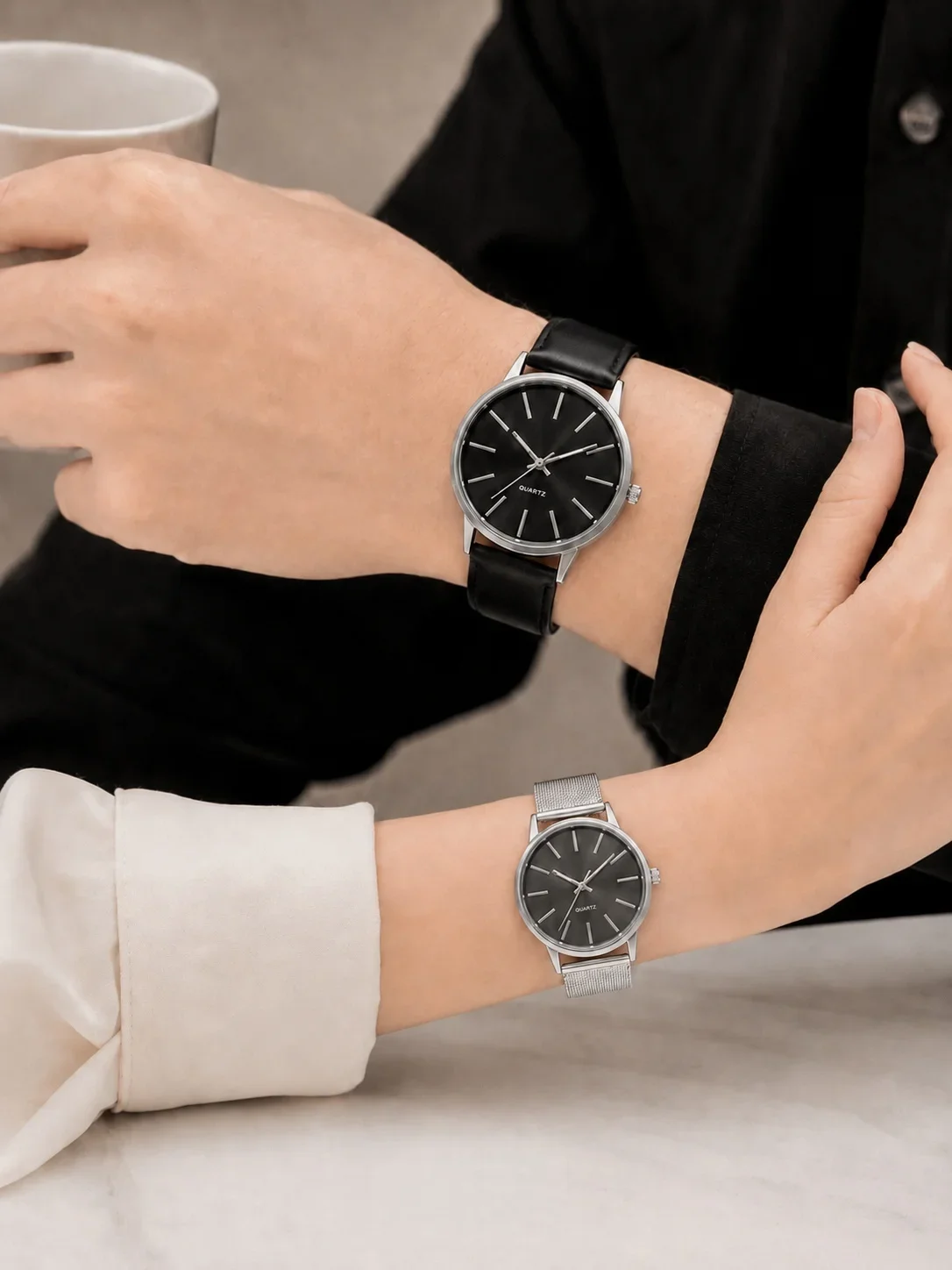 2Pcs Lovers Watch Set Classic Minimal Mesh & Leather Strap Analog Quartz Wristwatch Men Women Fashion Couple Matching Timepieces