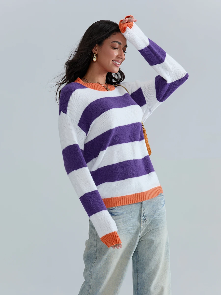 Women s Stripe Print Fall Sweater Long Sleeve Round Neck Loose Knitwear Sweet Pullover