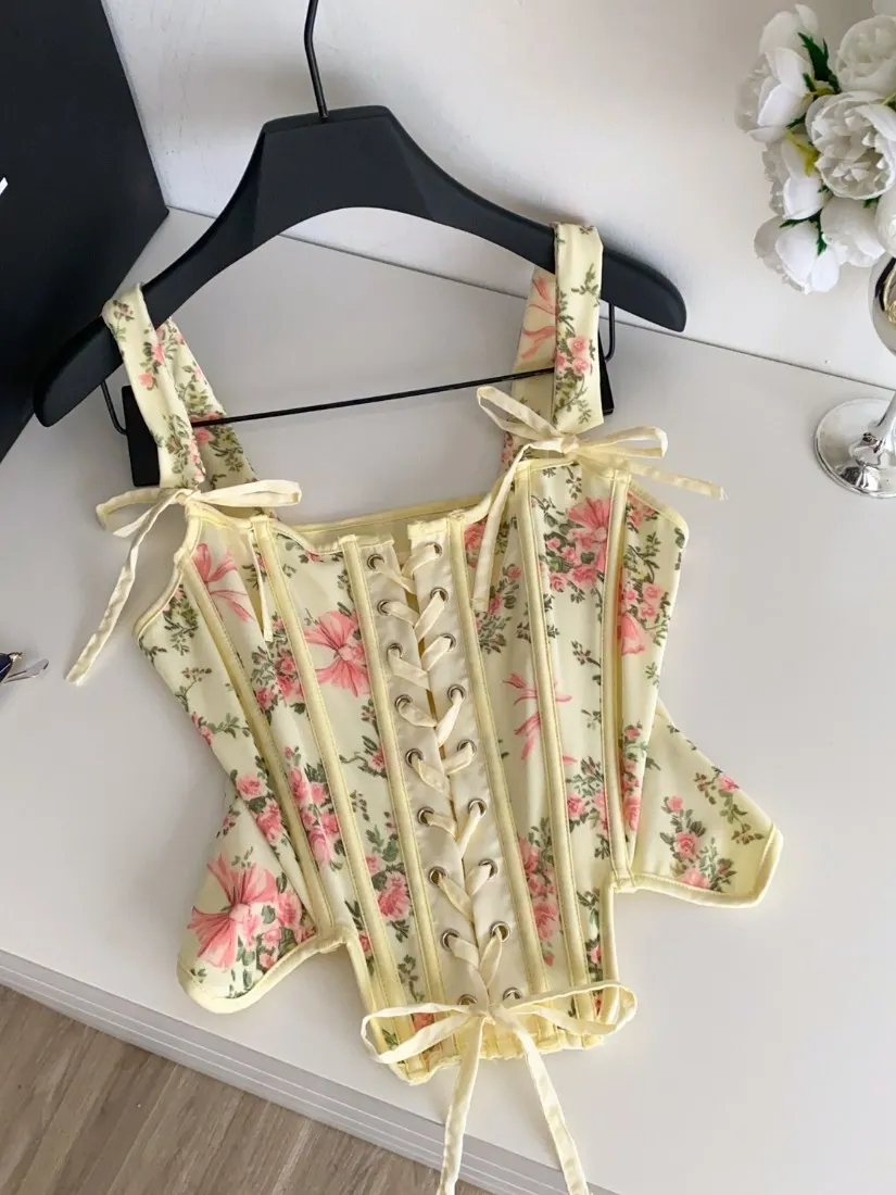 Foamlina Trendy Floral Halter Strap Bandeau Vest Camisole Summer Tie Up Boning Cinched Waist Sweet Spicy Outer Corset Tanks