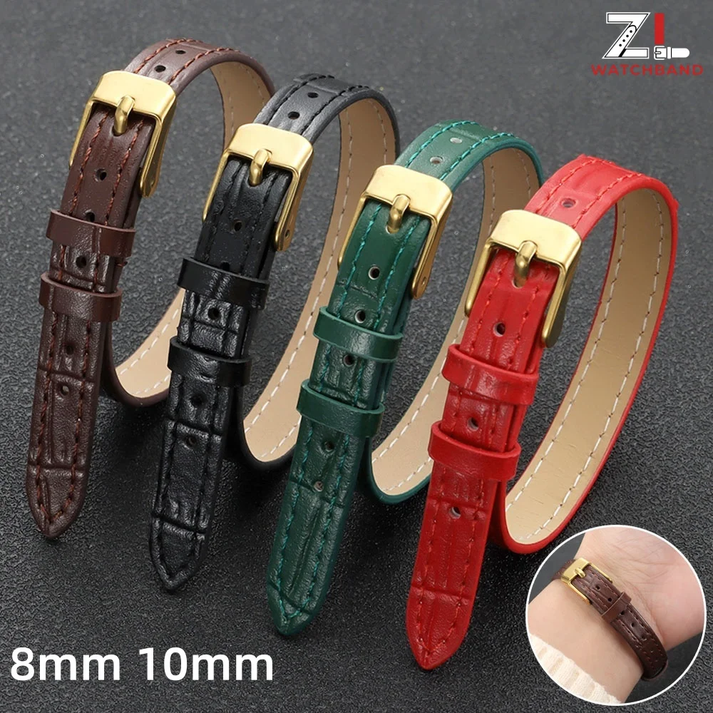 Ultra-thin Bamboo Pattern Leather Straps 8mm 10mm Small Size Fashion Watch Band for Women Gold Buckle Watch Bracelet Accessories