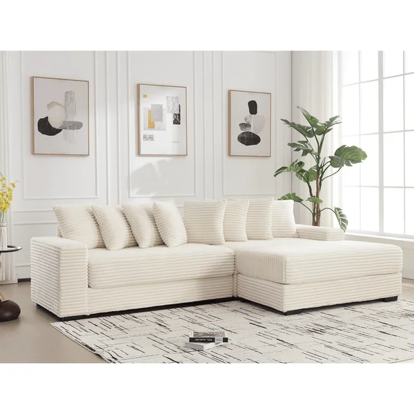 

Oversized L Shaped Sofa, Corduroy, Right Chaise, 8 Pillows, Beige, Easy Assembly