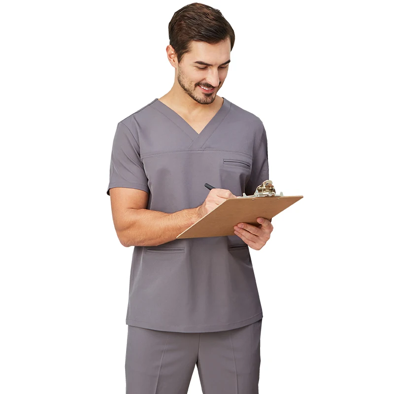 회색 의료 유니폼 Enfermera Mujer 4 웨이 스트레치 임상 의류 스크럽 세트 여성 남성 작업복 탑 바지 작업복 9505