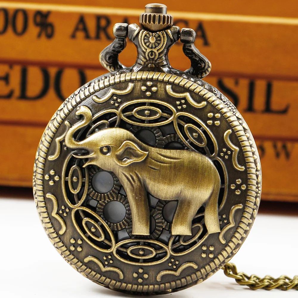 

Cute Elephant Carved Children's Toys Practical Quartz Pocket Watch Necklace Birthday Gift Souvenir