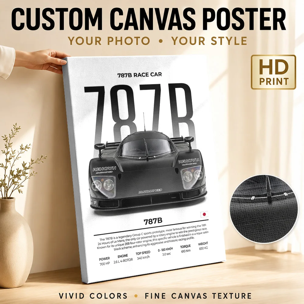 Black Sleek Japanese 787B Race Car Canvas Print Poster Personalized Photo Modern Aesthetic Wall Art Man Cave Decor Driver Gift