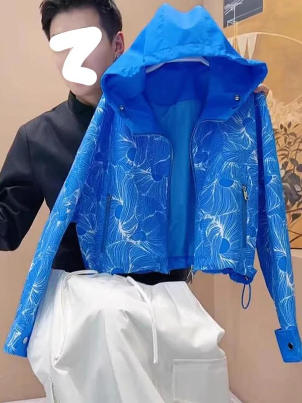 

Blue Printed Hooded Open Cardigan Women's Summer Thin Short Sun Protection Jacket European Style High-End Feeling Outerwear
