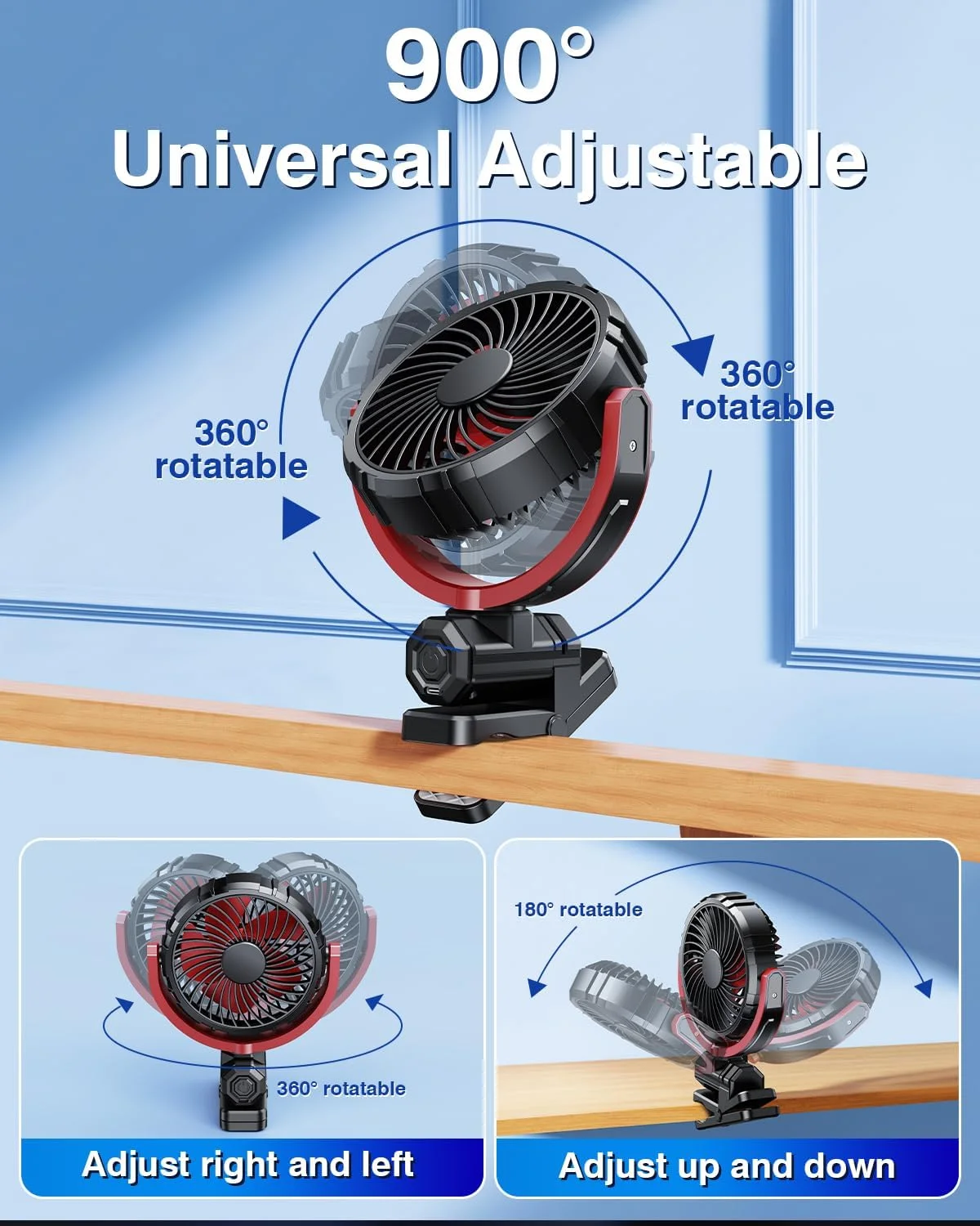 Eary Battery Powered Car Fan 2000mAh Clip On Fan for Car Visor Quiet 360° Rotate Usb Rechargeable for SUV Van Truck Accessories