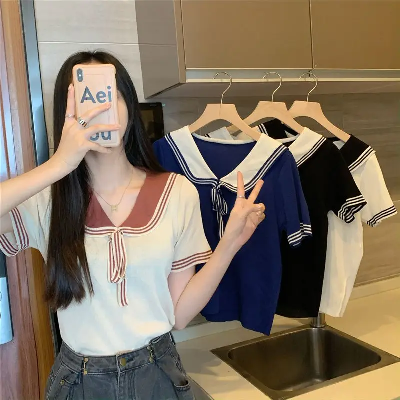 Sweet Harajuku Aesthetics Korean Top Girl Y2K Vintage Streetwear Patchwork Sailor Collar Short Sleeve Clothing T Shirt Blue Tee