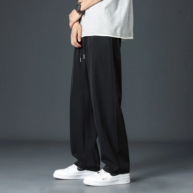 Men's Summer Thin Ice Silk Pants Loose Fit Pure Color Wide Leg Cooling Sensation Air Conditioning Casual Trousers