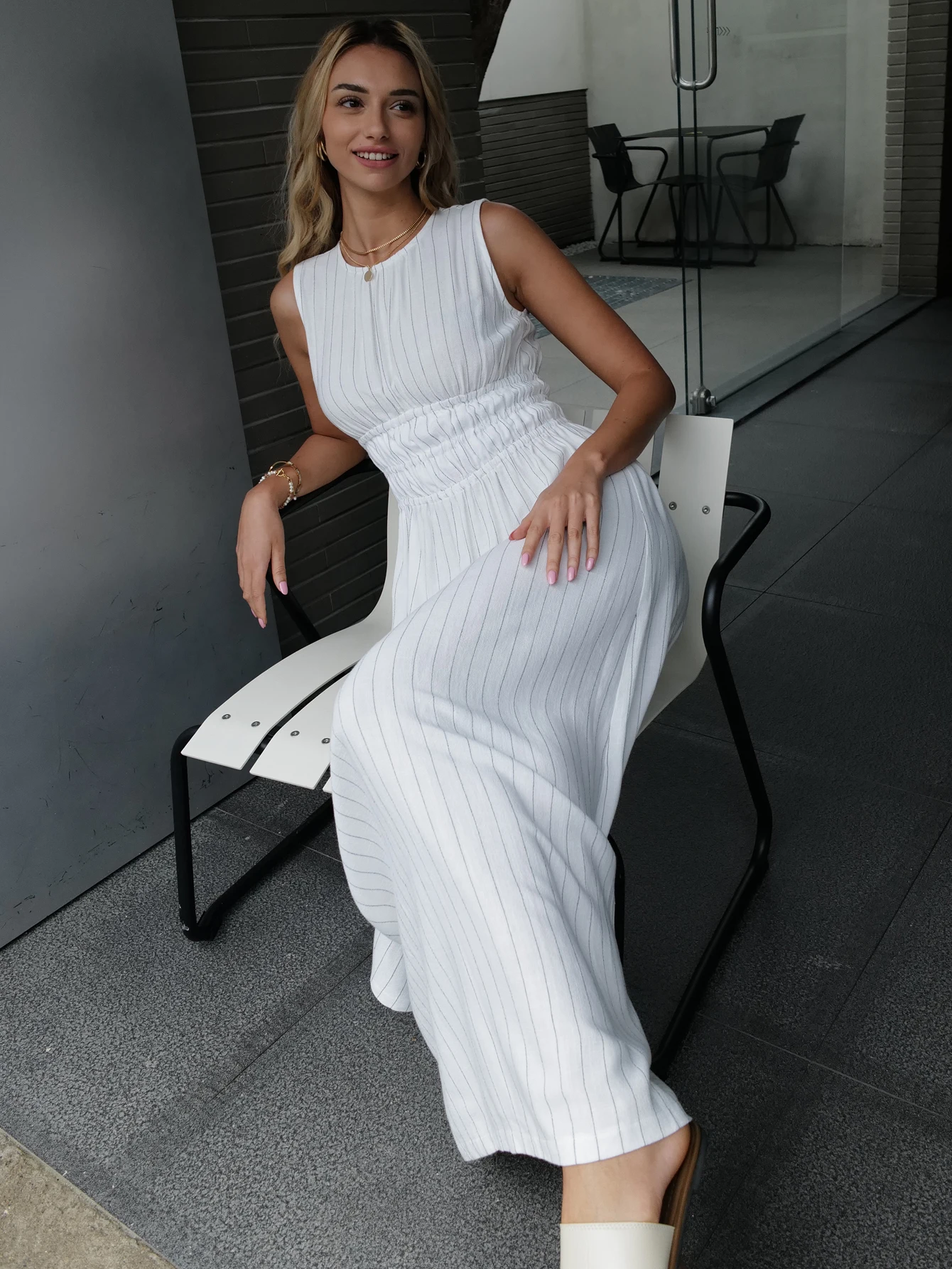 2024 Summer New Design Fashion Linen Viscose Striped Long Dress