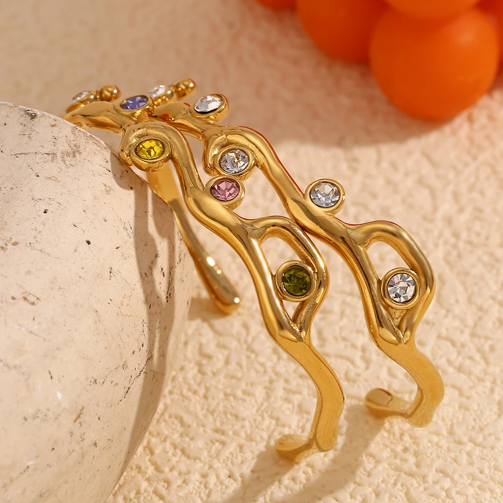 E.B.belle Elegant Shiny Leaves Branches Crown Cuff bracelets 18K Gold Plated bangles trendy women\'s stainless steel jewelry