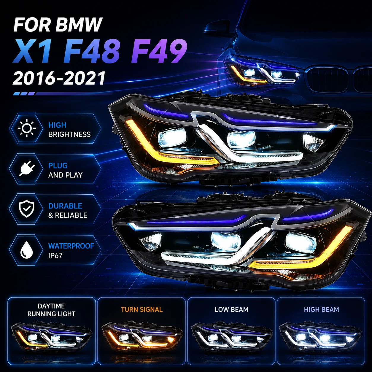 

Car LED Headlight Light Parts For BMW X1 F48 F49 2016-2021 Auto Fog DRL Brake Turn Signal Lamp Plug And Play