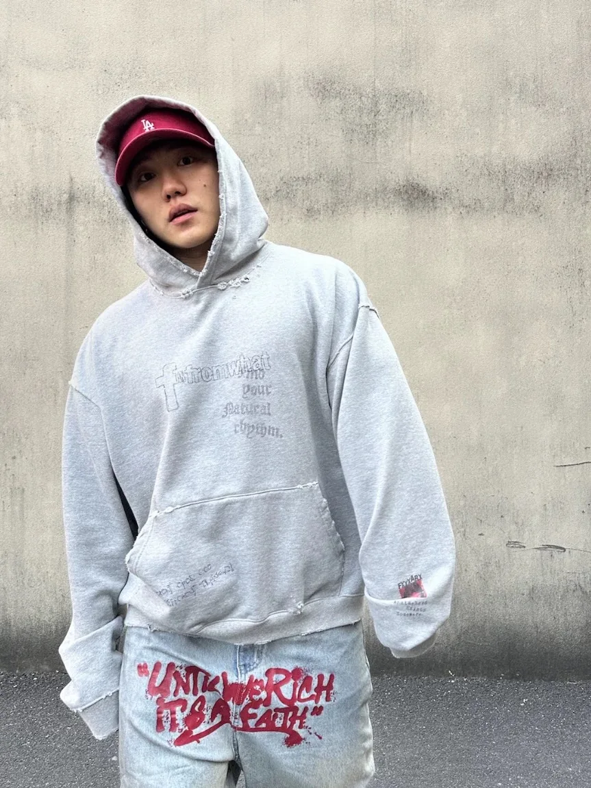 

Vintage American Sle Men's Hoodie Couple Matching ey Floral Hole Design Cotton Long Sve T-irt for Autumn Season