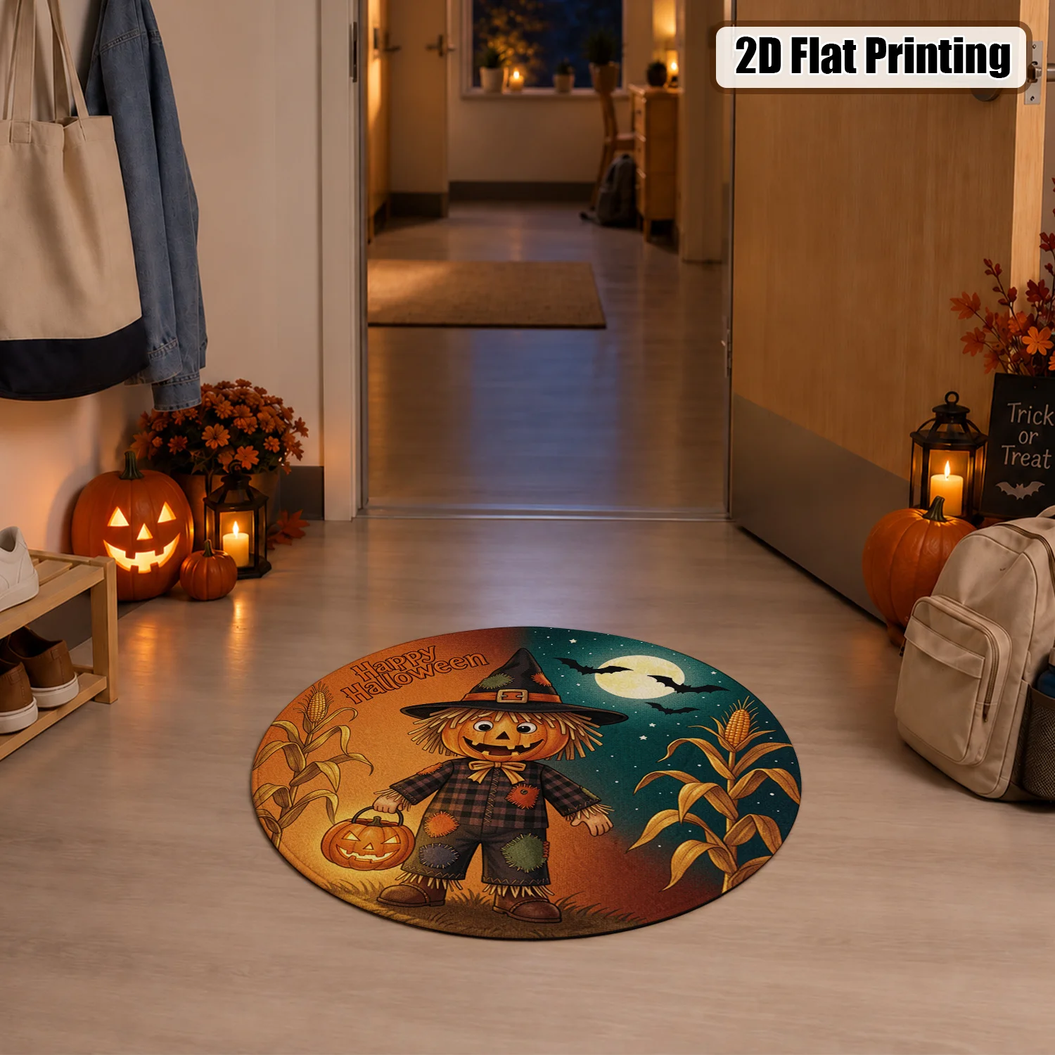 Halloween Scarecrow Pumpkin Bat Corn Moon Pattern Round Velvet Rug, Machine Washable Soft Floor Mat with Stable Grip, Ideal for Living Room Bedroom Entryway, Perfect for Halloween Thanksgiving Black Friday Christmas New Year Home Decor