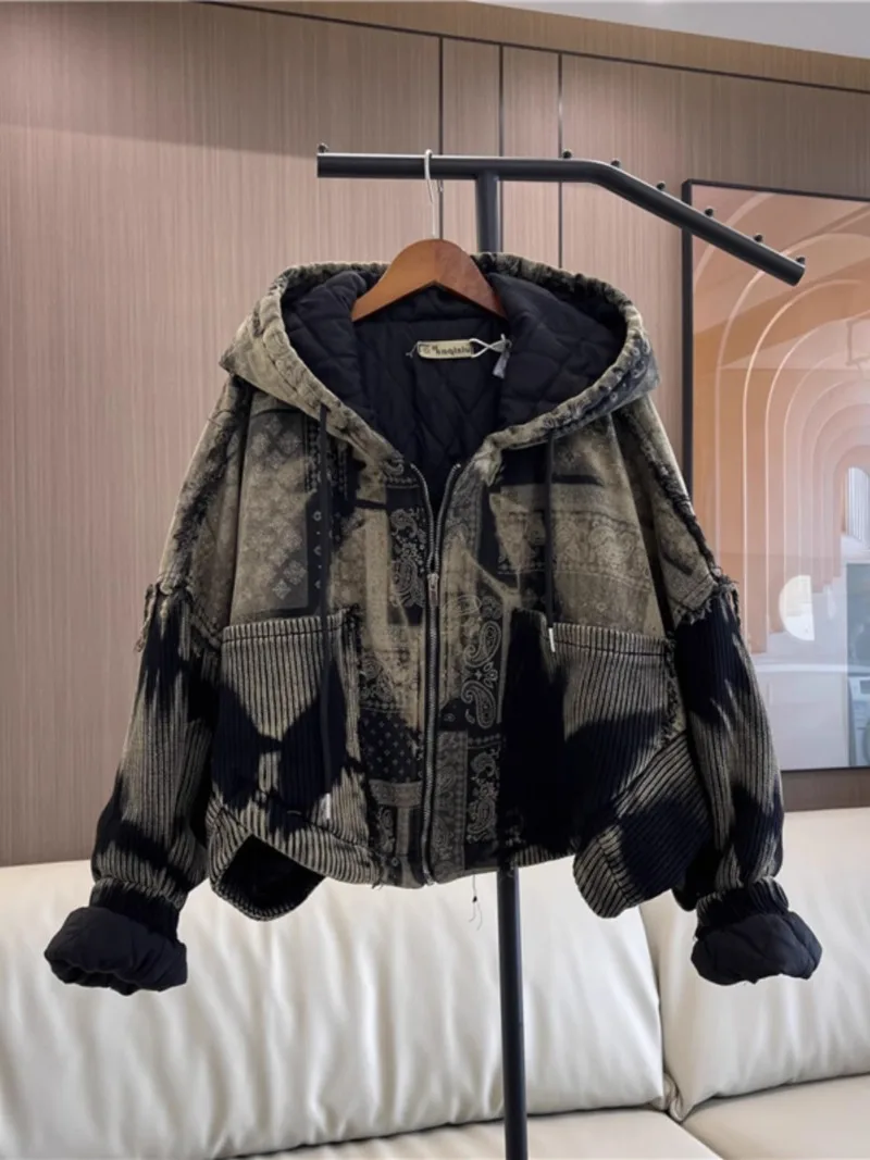 Personalized Unique Ethnic Style Printing Denim Splicing Corduroy Hooded Thickened Warm Short Cotton-padded Jeans Jacket Female