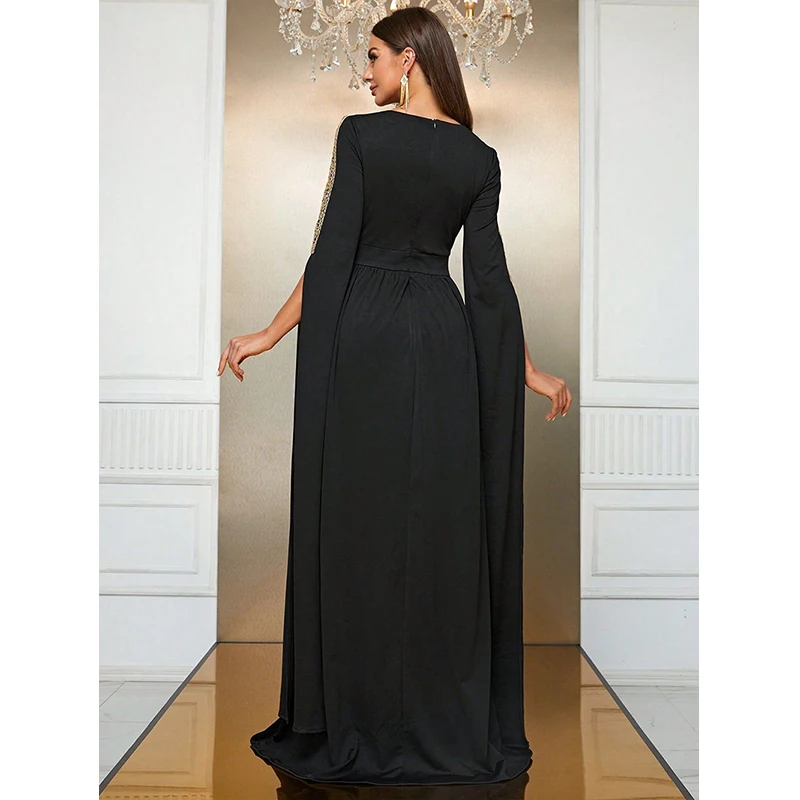 Muslim Abaya Islamic Clothing Women Long sleeve V Neck Black Elegant dubai luxury Turkey Cocktail Prom Evening party Long dress