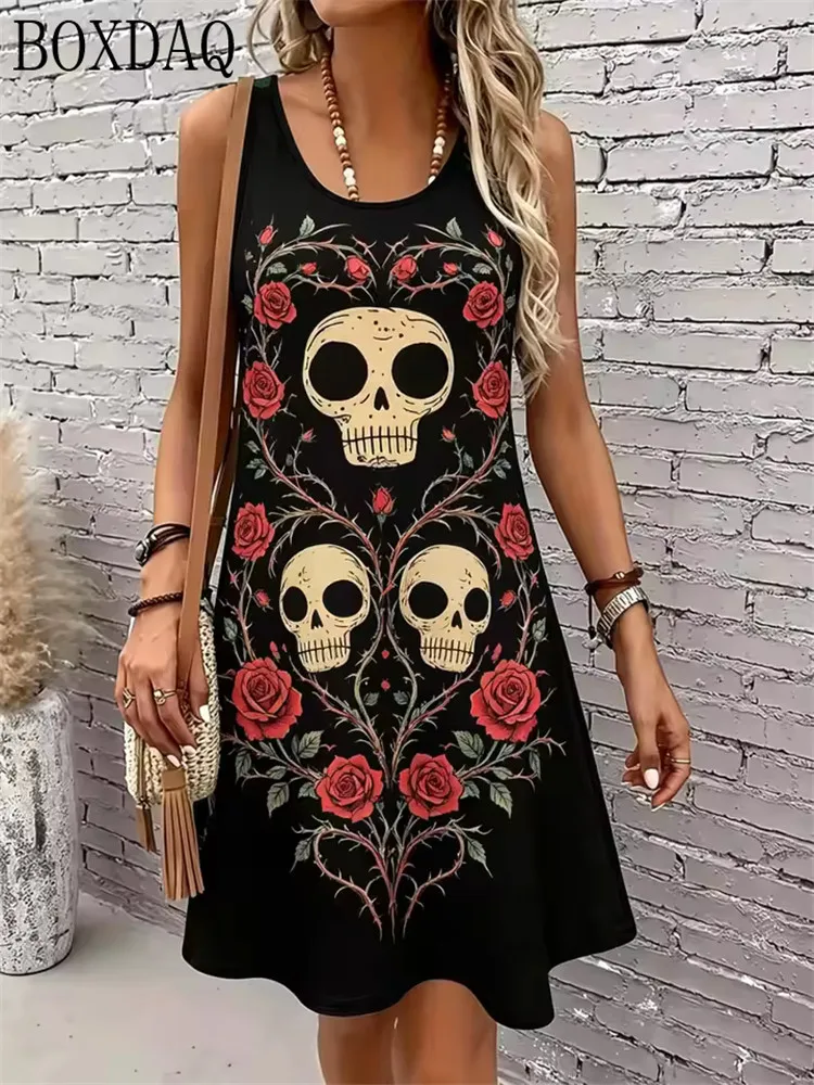 Skeleton Print Fashion Casual A-Line Mini Women's Dress Summer Round Neck Sleeveless Loose Women's Vest Party Dress 2026
