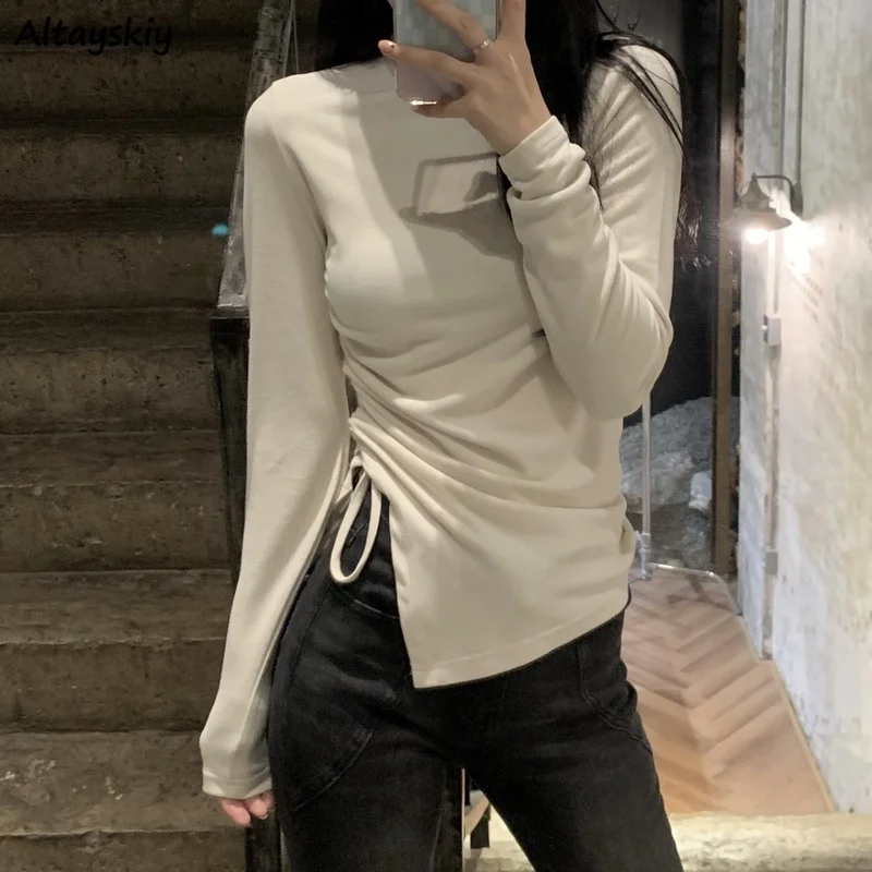 Long Sleeve T-shirts Women Shirring Elegant Sexy Slim All-match Inside Aesthetic Korean Style Classic Sweet Tees Basic Stylish