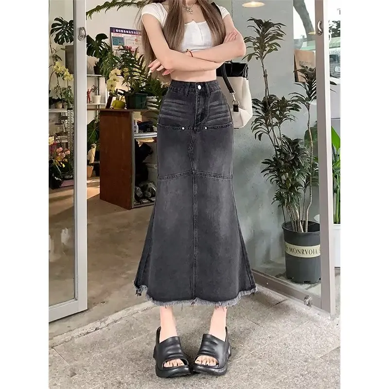 Harajuku Japanese Style Denim Skirt A-Type Female Literary High Waist Retro Long Skirt Fashion Stretch Sexy Design New Literary