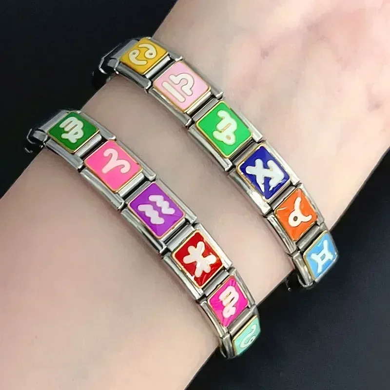 Pulsera italiana de acero inoxidable para mujeres y hombres, módulo de 12 Constelaciones, 12 patrones de estrellas empalmadas, cadenas de regalo