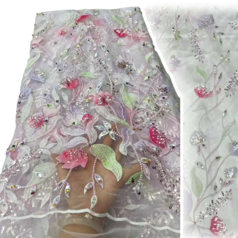 

Latest 3D African Sequins Lace Fabric High Quality Lace Embroidery Beaded Mesh Lace Fabric for Women Wedding Party Dress SZ1307