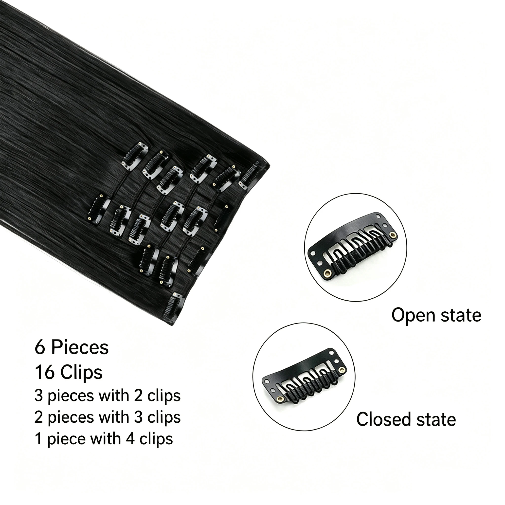 24 Zoll 16 Clips in Haarverlängerungen, lange, glatte Frisur, blonde, schwarze Haarteile, hitzebeständiges Kunsthaar, für den täglichen Gebrauch, Cosplay – Detail 2