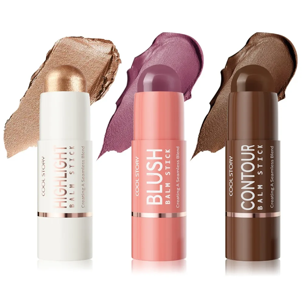 Zestaw Trójkomponentowy do Konturowania Twarzy: Rozświetlacz, Róż, Kontur w Kremie w Sztyfcie na Imprezy, Wesela, Sesje Zdjęciowe, Łatwa Aplikacja, dla Makijażystów