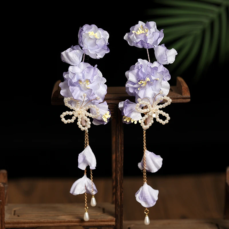 

Hanfu Headwear Tang Style Purple Silk Flower National Style Fairy Hair Clip Ancient Costume Accessories