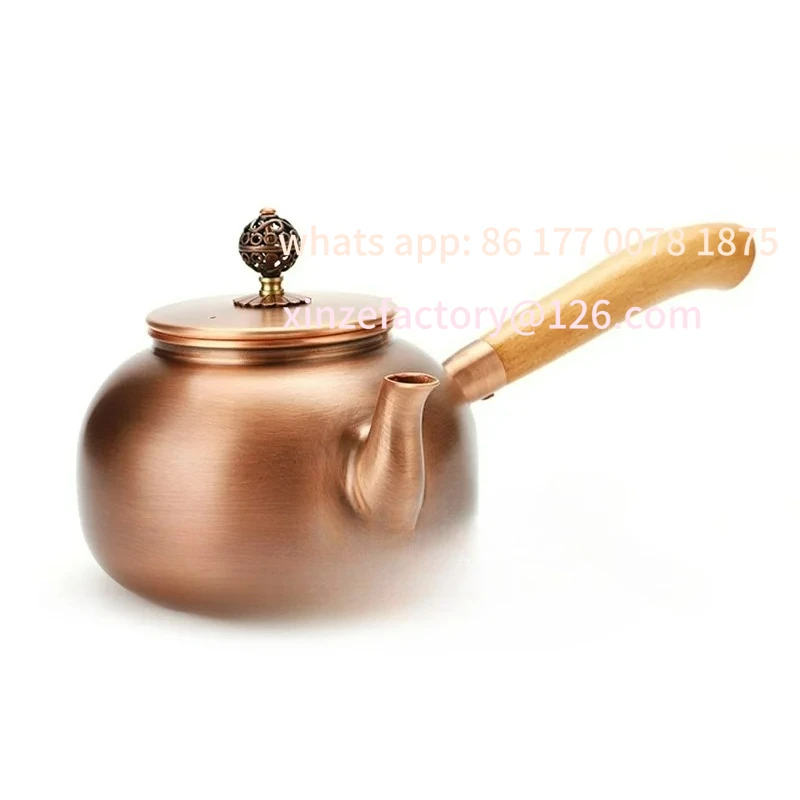 Manico laterale in rame puro personalizzabile, piccola pentola, teiera per sala da tè, incisione, legno retrò in rame addensato fatto a mano