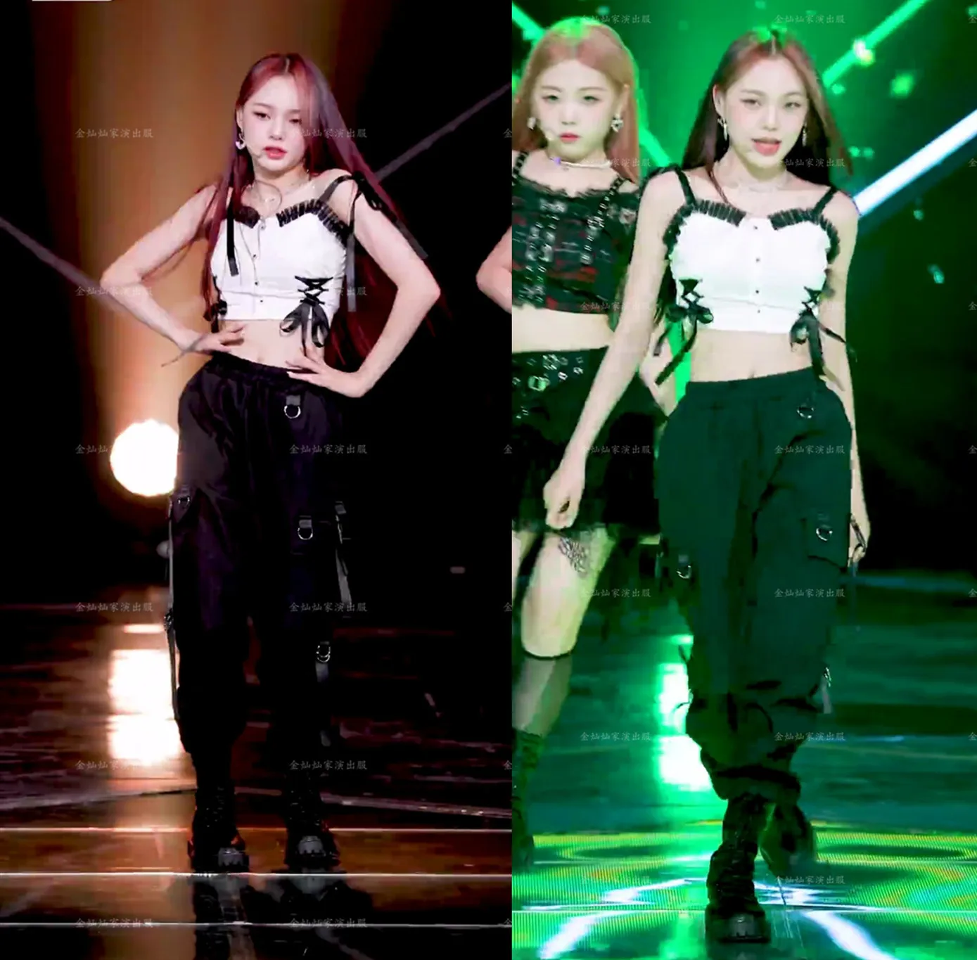 Kpop Korea Girl Group Jazz Dance Black Wide Leg Cargo Pants Overalls+White Slim Off-Shoulder Sling Vest Tops Women Two Piece Set