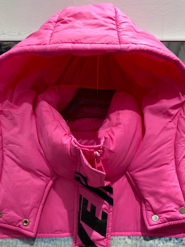 2025 Winter Down Jacket Women Denim Splicing Contrast Color Letter Parkers Thick White Duck Puffer Coat Short Trendy Commute Top