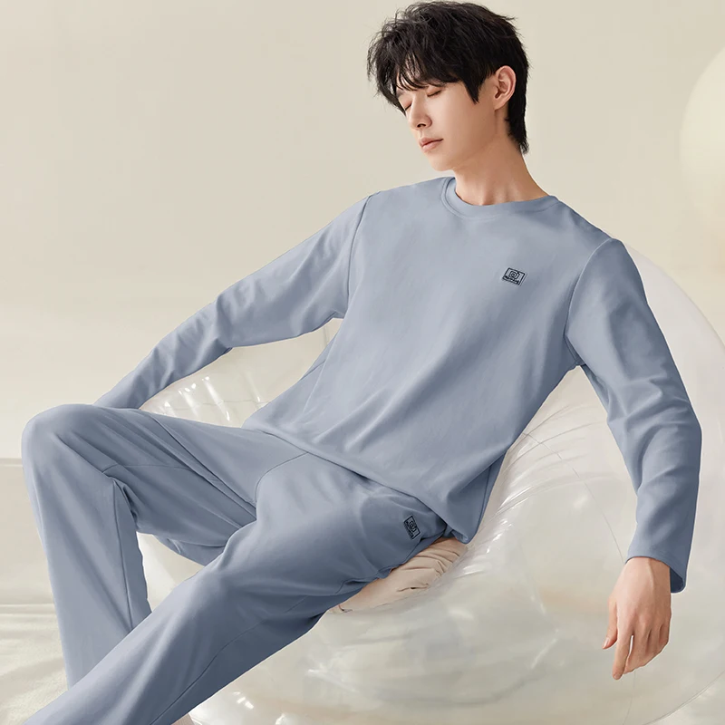 Men Pajamas Solid Color Casual Long Sleeves Long Pants Autumn Winter Simple Sleepwear Cozy Pijamas Soft Pyjamas Boys Nighty Male