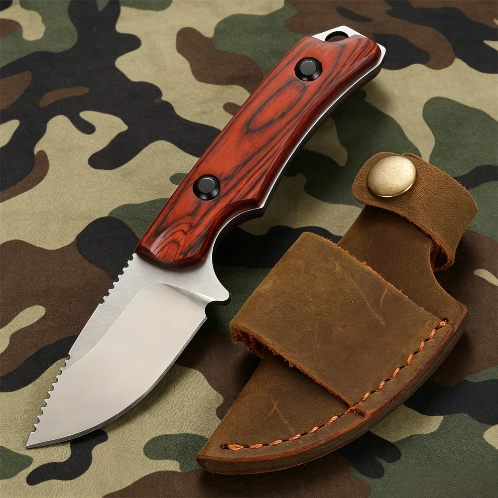 Model 15017 Portable Fixed Knife with Stabilized Wood Handle & Cowhide Protective Sheath – Perfect for Camping and Everyday Use