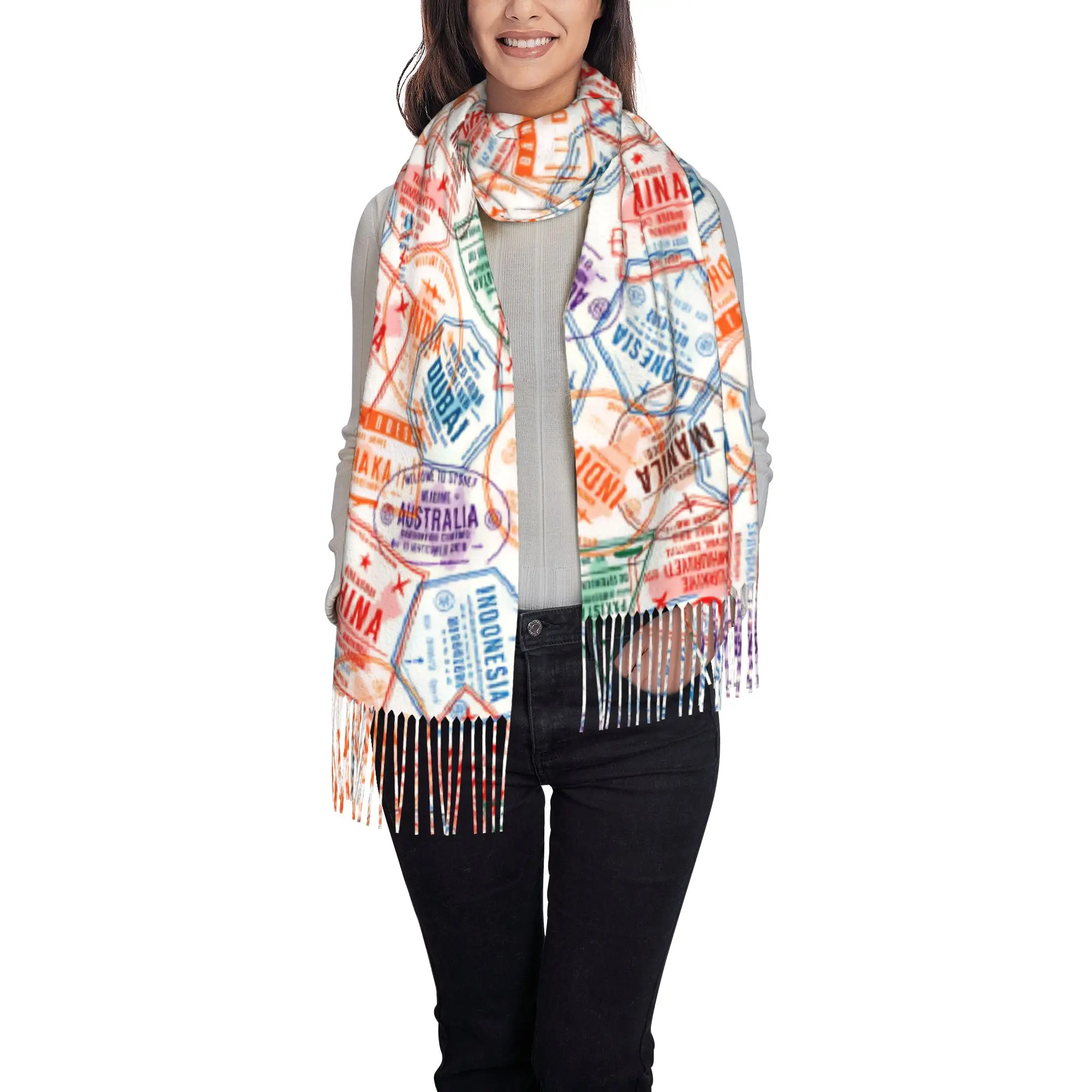 Custom Printed Asia Pacific Travel Collage Passport Stamps Pattern Scarf Women Men Winter Warm Scarves  Shawls Wraps