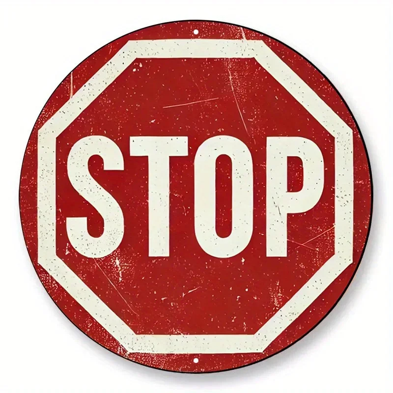 2D Flat, 1pc Vintage Round Stop Sign Wall Art - Distressed Red & White Retro Metal Traffic Sign, Classic Octagonal/round - Easy