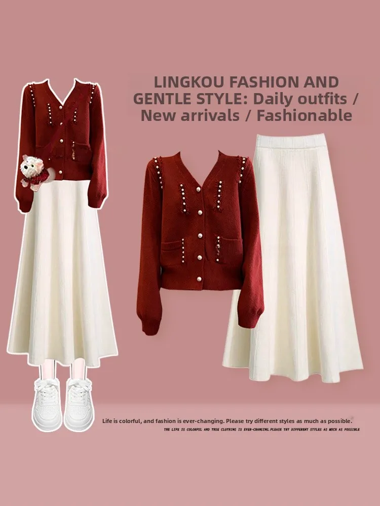 

Autumn Winter Knitted V-Ne Sweater And High Waist Skirt Set plus Size Slimming Red Color Women's Faion Casual Outfit