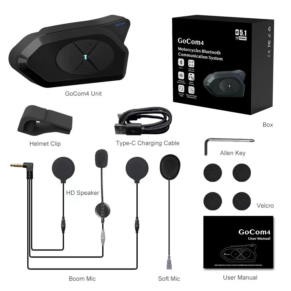 GoCom4 Motorcycle Helmet Bluetooth Intercom For 4 Riders Group Comunicador 1500M BT5.1 Interphone IP65 Music Sharing FM V4 plus