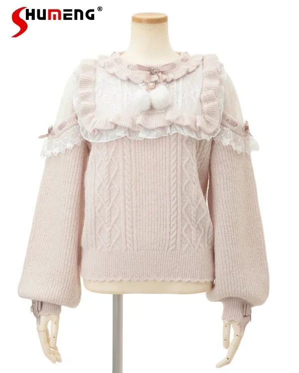 Japanese Style Sweet Bow Sweater for Women 2023 Autumn and Winter Cute Mine Mass-Produced Lace Fur Ball Replaceable Bow Sweaters