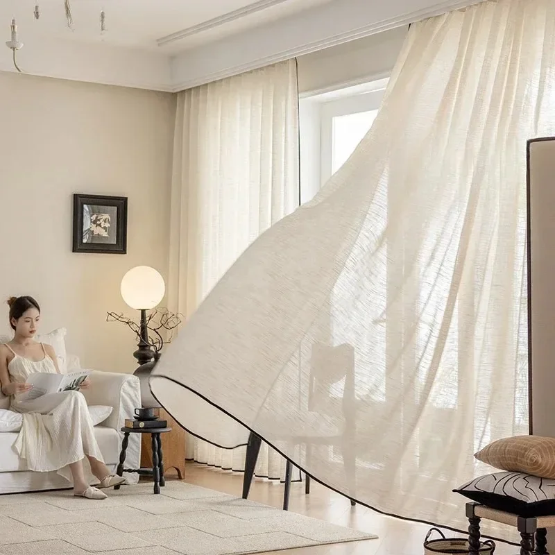Custom  Size！！French Translucent Linen Japanese Window Nature Vertically Classic Curtains for Living Dining Room Bedroom Decor